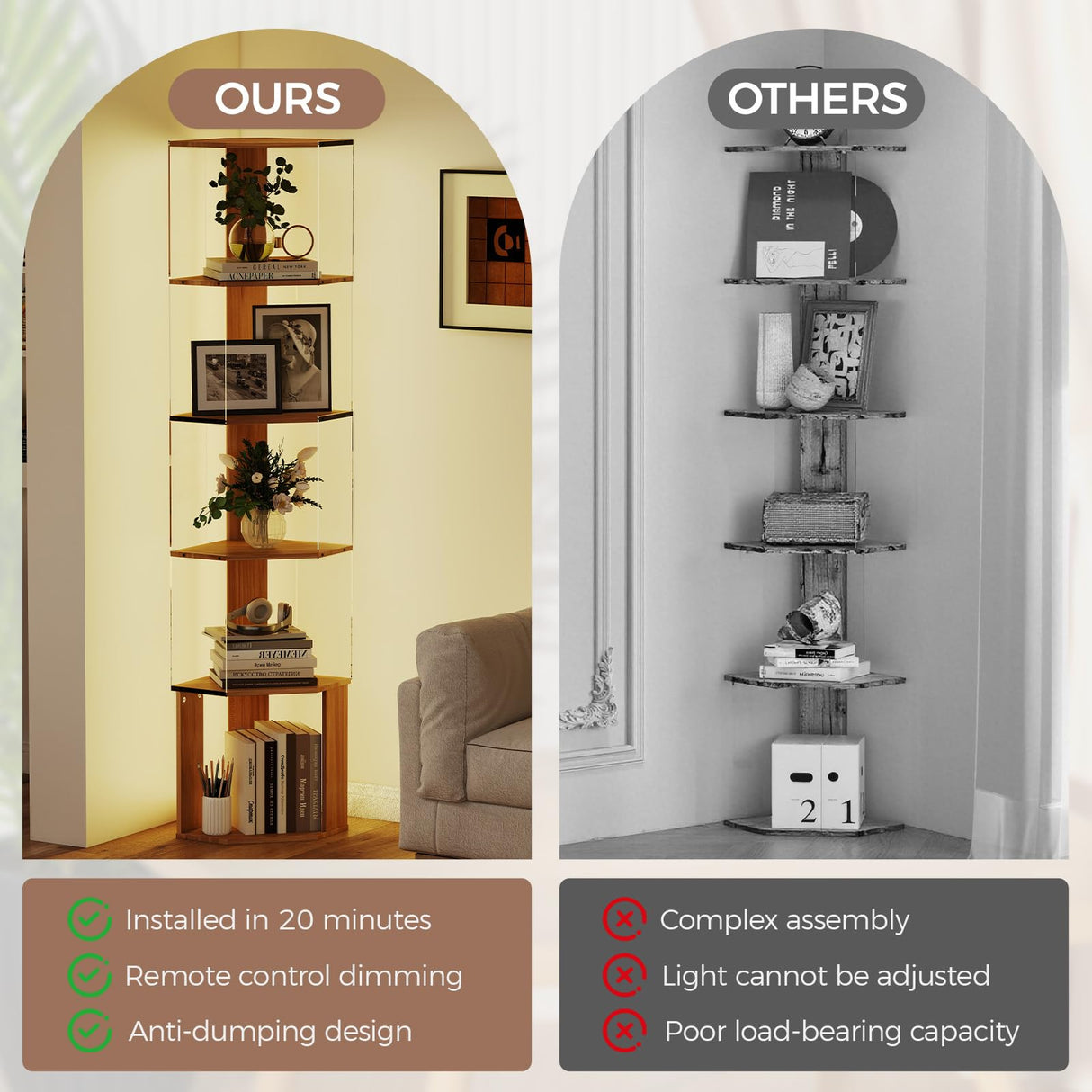 Quikraen 6 Tier Corner Display Rack with Light Clear Arylic Corner Shelves 63in Tall Cabinet with Dimmable LED Light for Display Curio Cabinet Quikraen