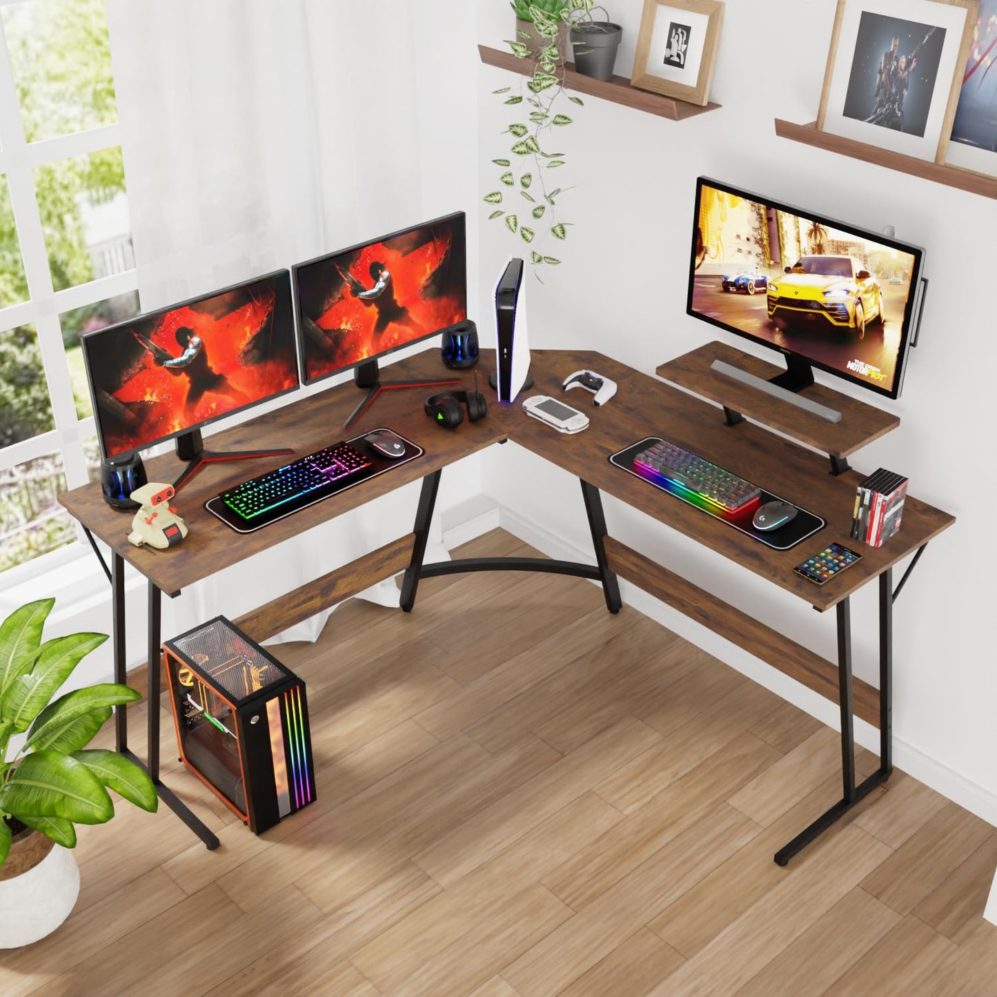 PayLessHere L Shaped Desk Corner Gaming Desk Computer Desk with Large Desktop Studying and Working and Gaming for Home and Work Place,Brown - WoodArtSupply