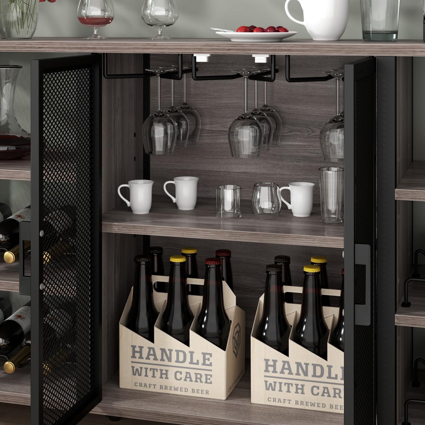 Gyfimoie Wine Bar Cabinet, 55 Inches Industry Coffee Bar Cabinet with Wine Rack and Glass Holder, Kitchen Sideboard Buffet Cabinet with Wine Rack Storage for Liquor and Glasses (Rustic Grey) - WoodArtSupply