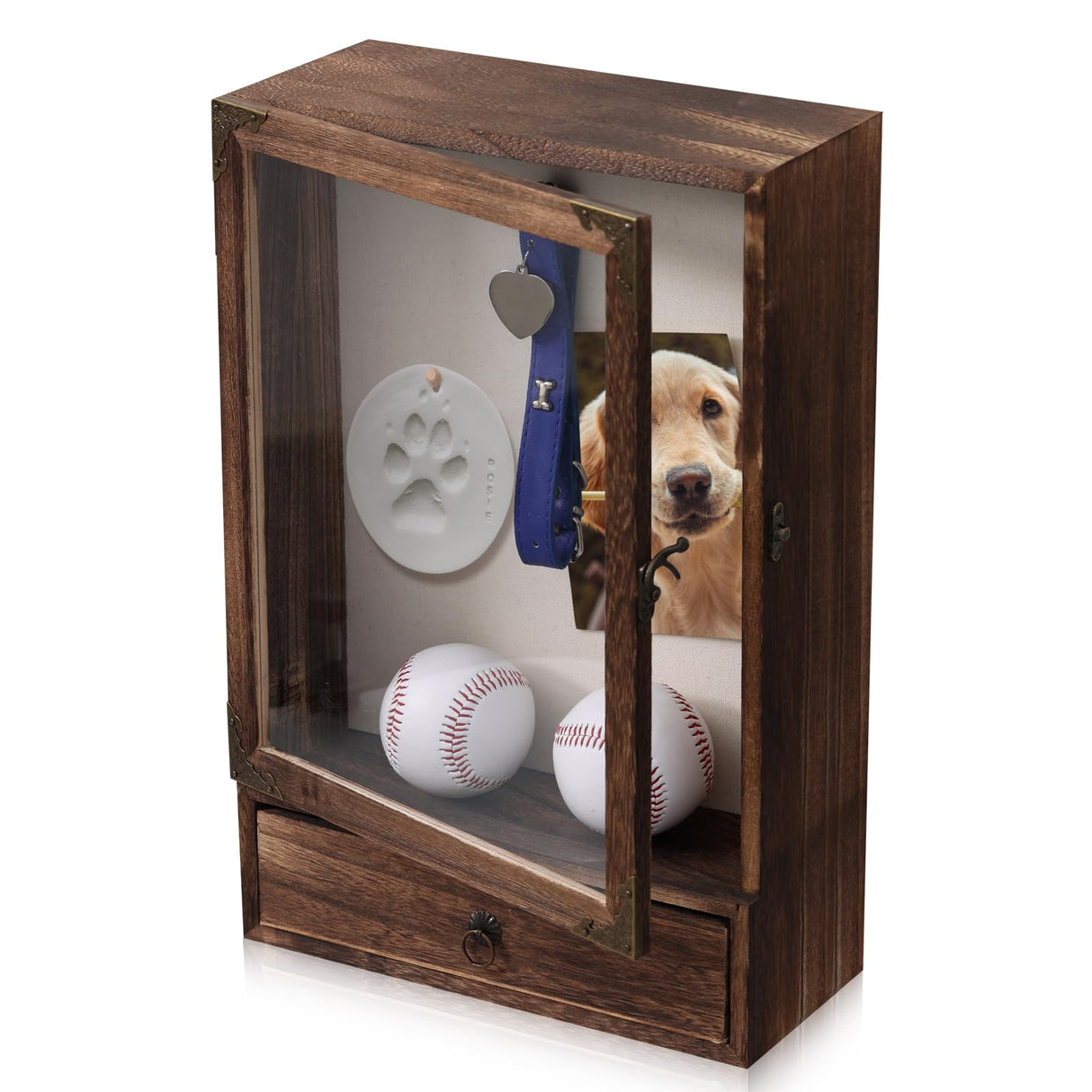 Pet Memorial Shadow Box with Drawer, Alphanumeric Molds & Air-Dry Clay, Deep Wooden Display Case for Dog Collar, Toys, Photos, Keepsakes, 11x16x3.7 Inch Frame for Custom Pet Memorial Gifts VAULTUSCN