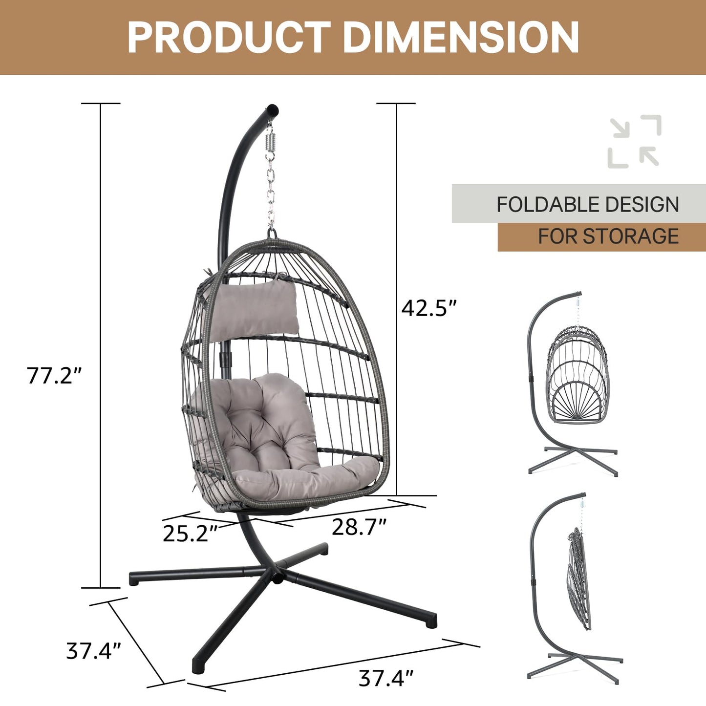 Yangming Hanging Egg Swing Chair with Stand and Weather Cover, Foldable for Indoor Outdoor, Wicker Rattan Basket with Cushion for Bedroom, Patio, Porch