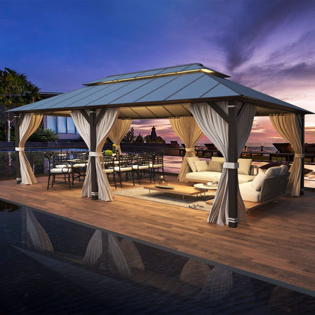 YOLENY 12' X 20' Hardtop Gazebo, Aluminum Composite Ventilation Double Roof Permanent Outdoor Pavilion Pergola Party Tent for Patio, Lawn, Garden, Poolside, Curtains and Netting Included YOLENY