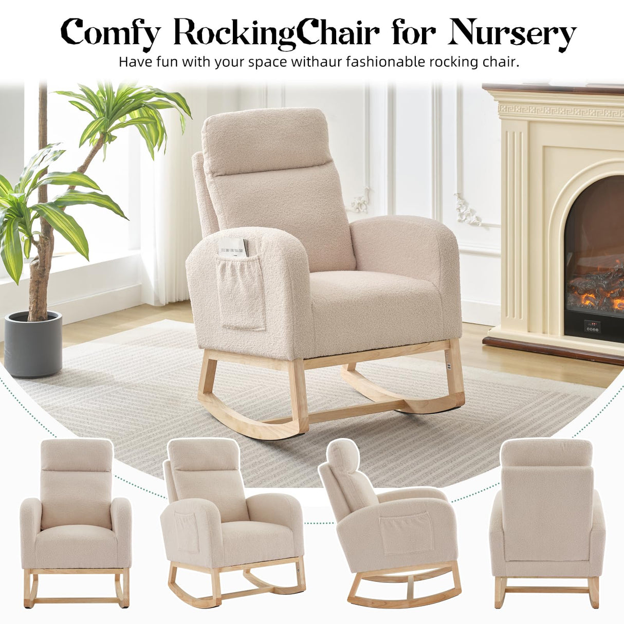 PeacefulHues Upholstered Rocking Chair, Glider Chair Nursery Chair with High Back and Side Pocket, Rocking Accent Armchair with Rubber Wood Legs for Living Room/Bedroom/Nursery PeacefulHues