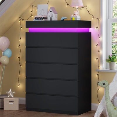 HAUOMS Tall 5 Drawer Dresser with LED Light, Black Modern Chest of Drawers for Bedroom,Closet Dressers with Drawers for Living Room, Entryway, Hallway
