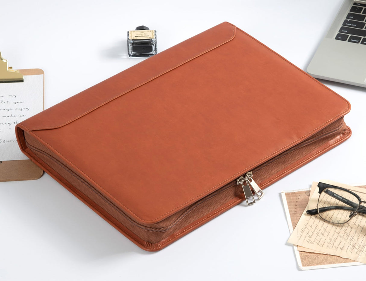 Free Engraved Name, Personalized Portfolio Binder Organizer, PU Leather Custom 3 Ring Binder Padfolio, Zipper Binder Business Document Ordner with A4 Writing Pad, Corporate Gift, Customized, Brown AZXCG