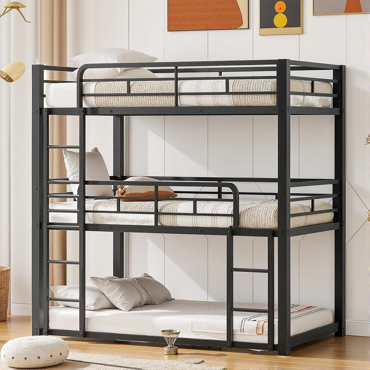 Miscoos Heavy Duty Triple Bunk Bed, Twin Over Twin Over Twin Metal Bunkbeds with Ladder, Family-Friendly for All Ages, Bedroom, No Box Spring Needed, Easy Assembly, Black Miscoos