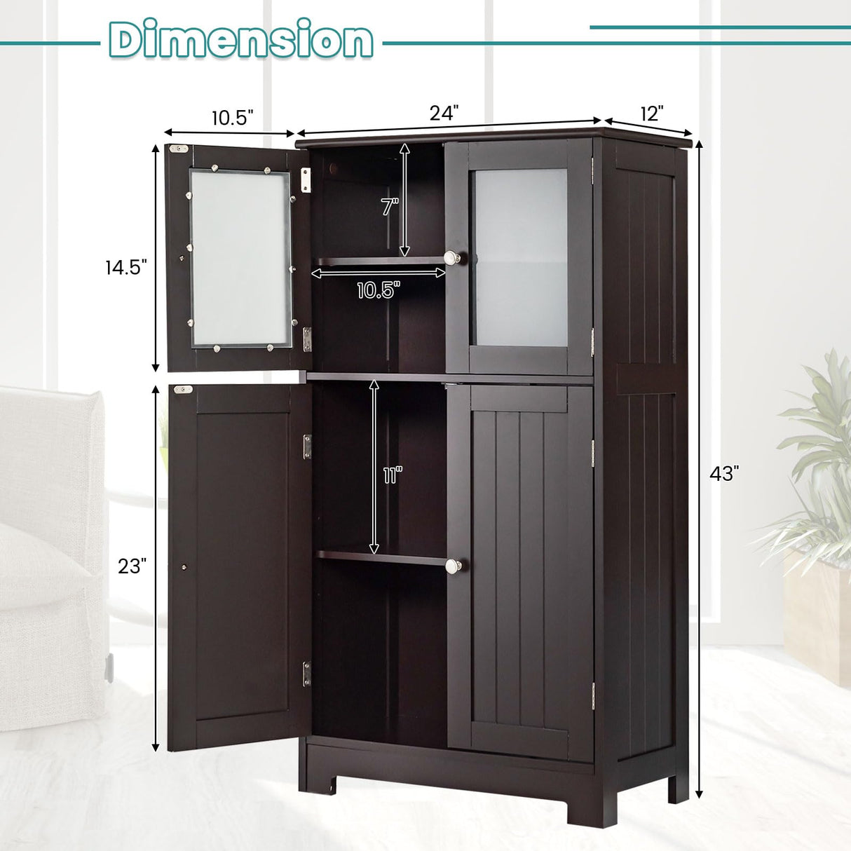 COSTWAY Brown Wooden Bathroom Storage Cabinet with Adjustable Shelf and Doors COSTWAY