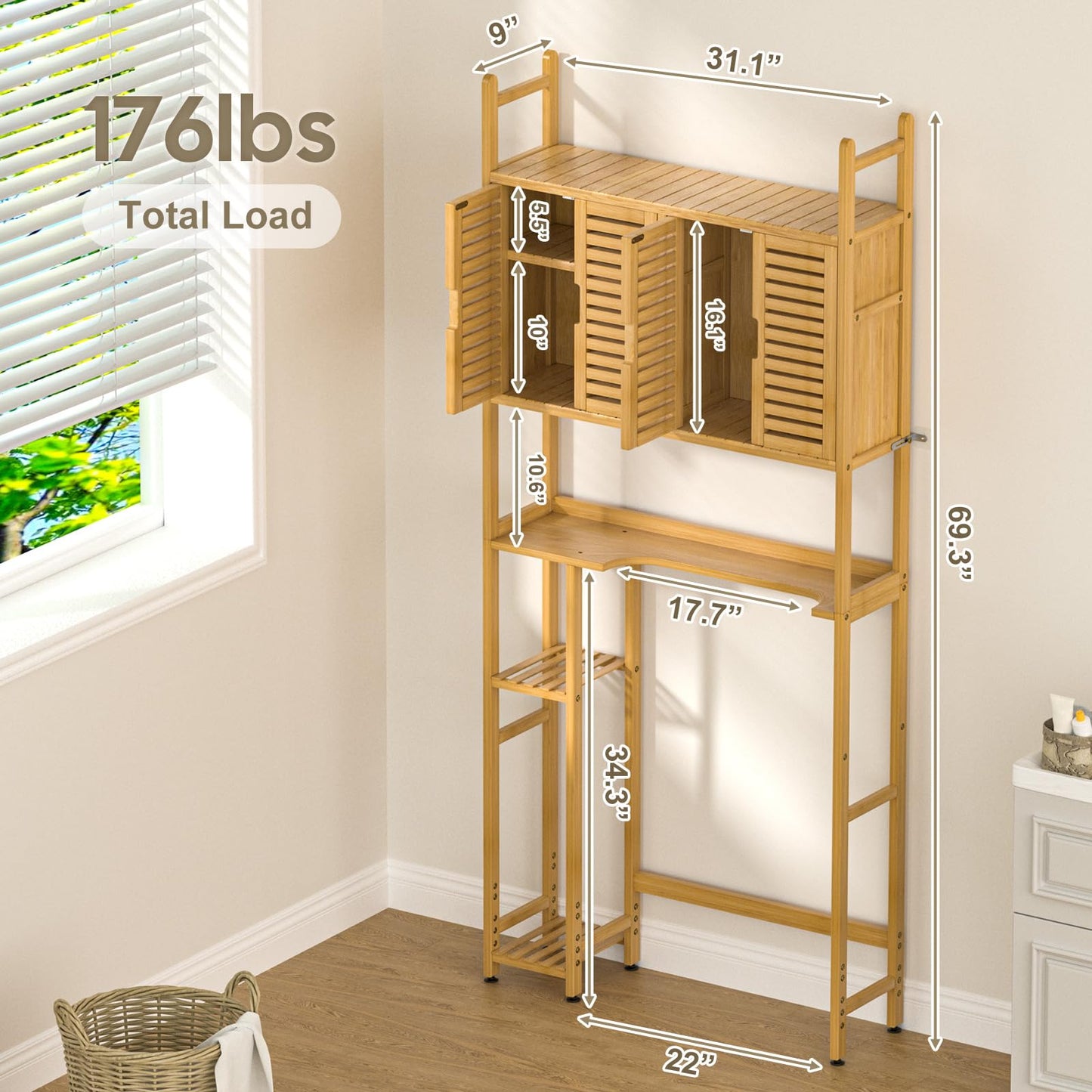 Cozivolife Bamboo Over-The-Toilet Storage Cabinet with Toilet Paper Holder and Four Doors - WoodArtSupply