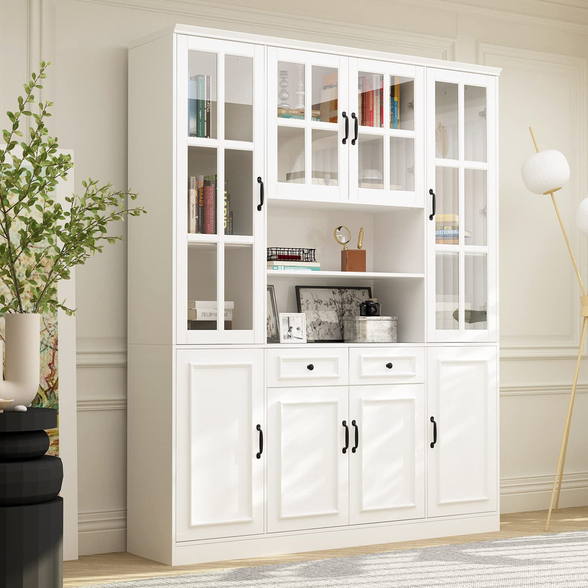 Homsee Elegant Tall Bookcase with Glass Doors, 15 Compartments & Storage Drawers in White Homsee