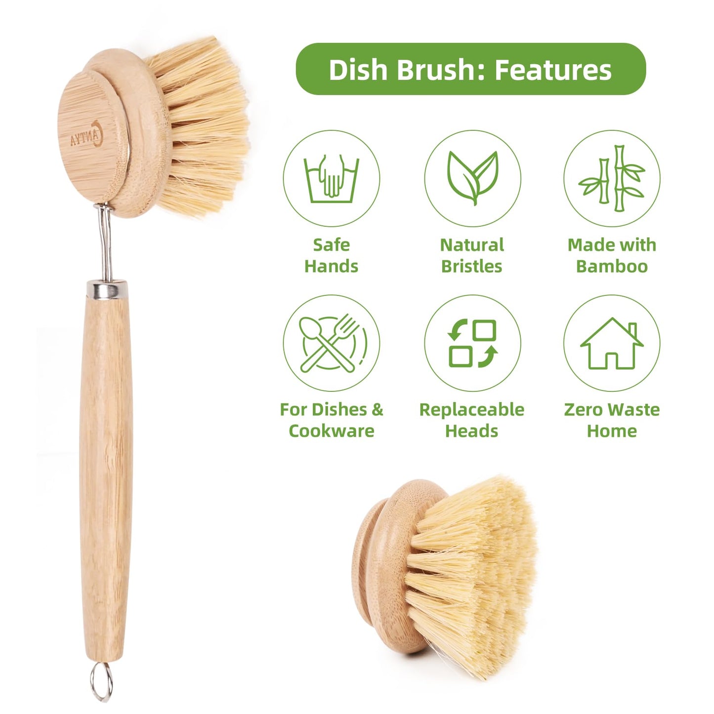 Bamboo Scrub Brush 3 Pcs Replacement Head, Natural Soft Kitchen Dish Brush with Handle Sisal Plant Veggie Brush Multi-Purpose Dish Scrubber Brush Special Kitchen Utensils