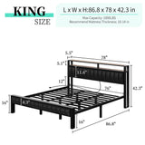 LUXOAK Rustic Brown King Size Metal Bed Frame with LED Light and PU Leather Headboard, Charging Station & 2-Tier Storage LUXOAK