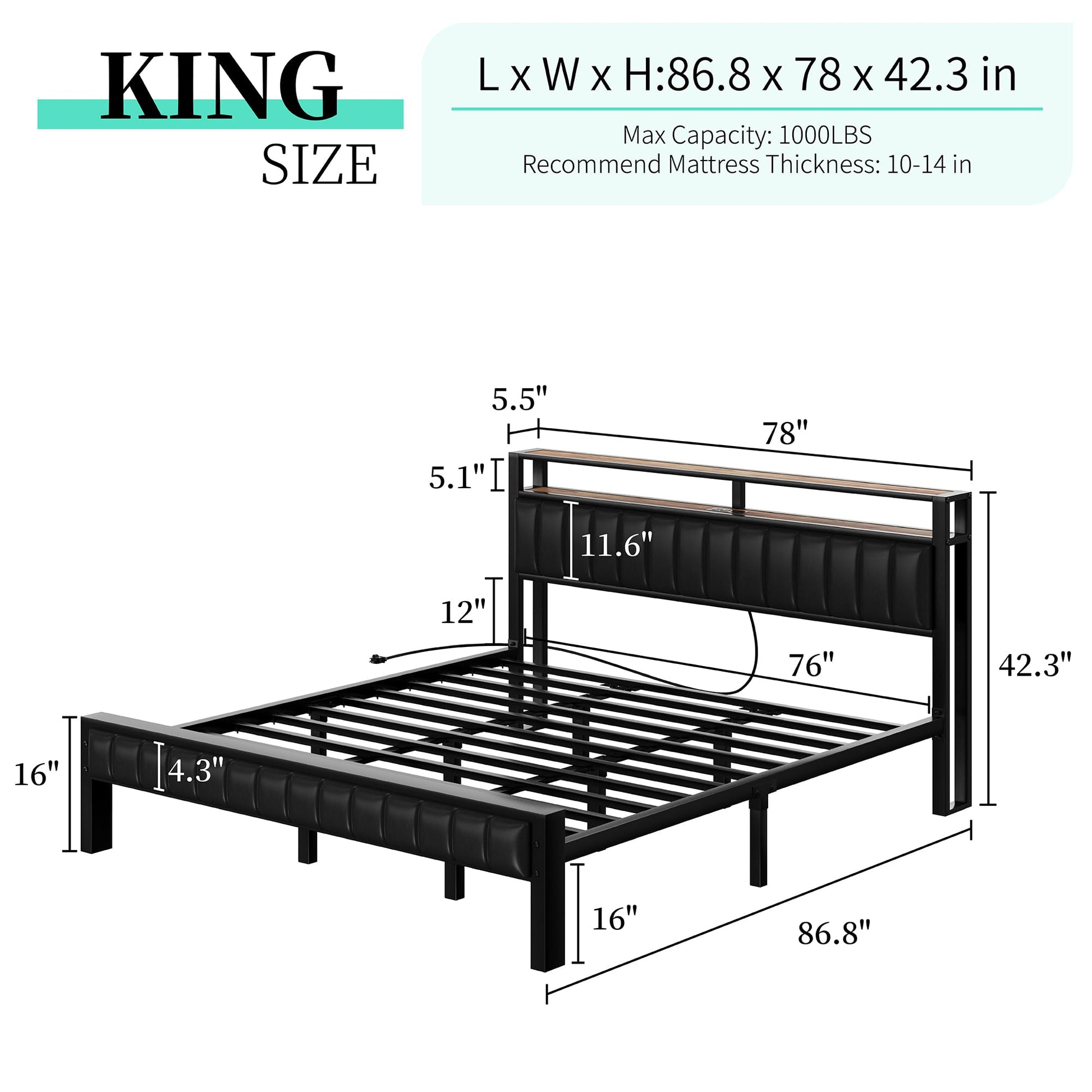 LUXOAK Rustic Brown King Size Metal Bed Frame with LED Light and PU Leather Headboard, Charging Station & 2-Tier Storage - WoodArtSupply