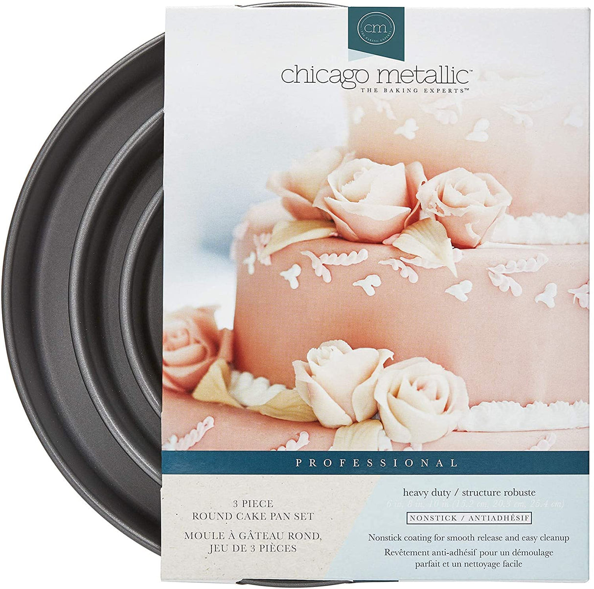 Chicago Metallic 5233128 Professional Non-Stick 3-Piece Round Cake Pan Bakeware Set, Gray Chicago Metallic