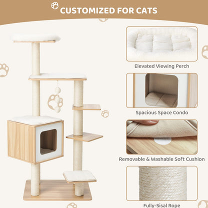 Arlopu 55” Tall Modern Cat Tree Tower for Indoor Cats, Wooden Cat Climbing Stand Furniture, 6 Level Platform Cat Activities Condo House w/Scratch Post, Washable Mats&Top Perch, for Kittens&Large Cats