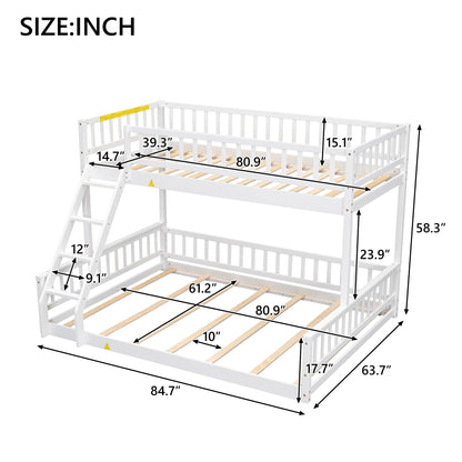 Merax Twin XL Over Queen Floor Bunk Bed, Kids White Wood Bunk Bed Frame with Ladder & Guardrails, Space Saving Teens Youths Beds for Bedroom, Guest Room, Noise Free, No Box Spring Needed, White