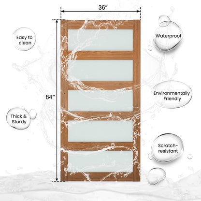 SmartStandard 36 x 84 in Glass Barn Door with 6.6FT Sliding Hardware Kit & Handle, Pre-Drilled Ready to Assemble, Waterproof PVC Coating, Classic Oak, 5-Panel Glass - WoodArtSupply