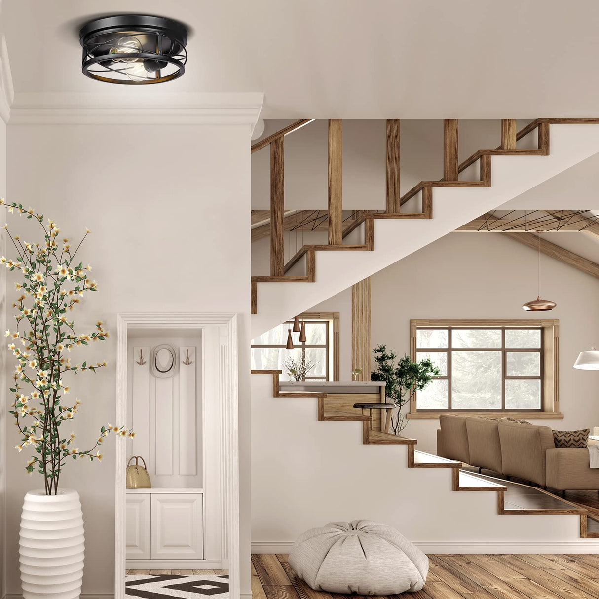 Feanron Farmhouse 2-Light Black Flush Mount Ceiling Light Fixtures, Industrial Vintage Metal Cage Closed to Ceiling Mount Lamp for Hallway Kitchen Bedroom 2 Pack, A19 LED Bulbs Included Feanron