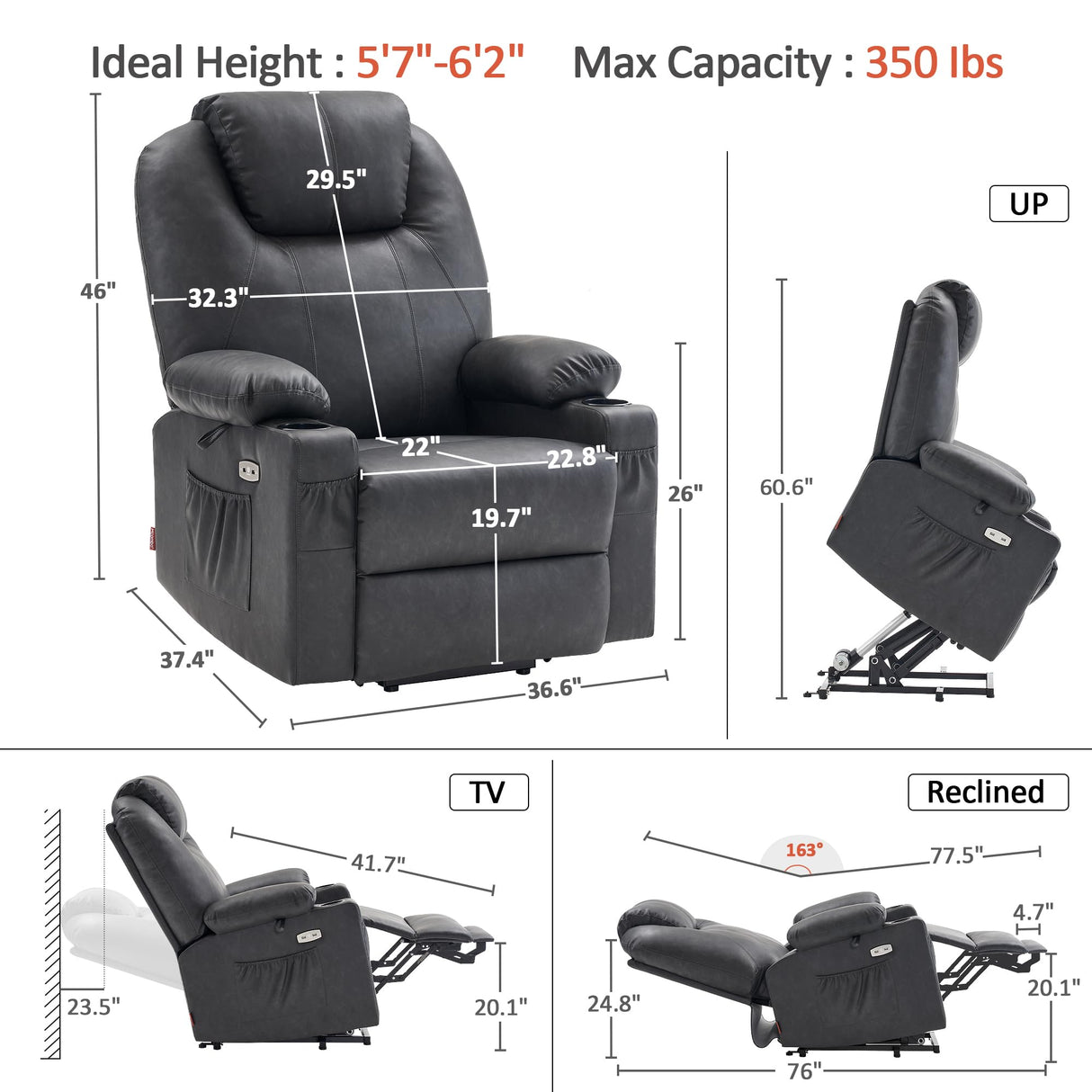 MCombo Dual Motor Large Power Lift Recliner Chair for Elderly, Lay Flat Lift Chair with Heat and Massage, Big Lift Recliner for Tall People, Faux Leather 7815 (Grey, Large) MCombo