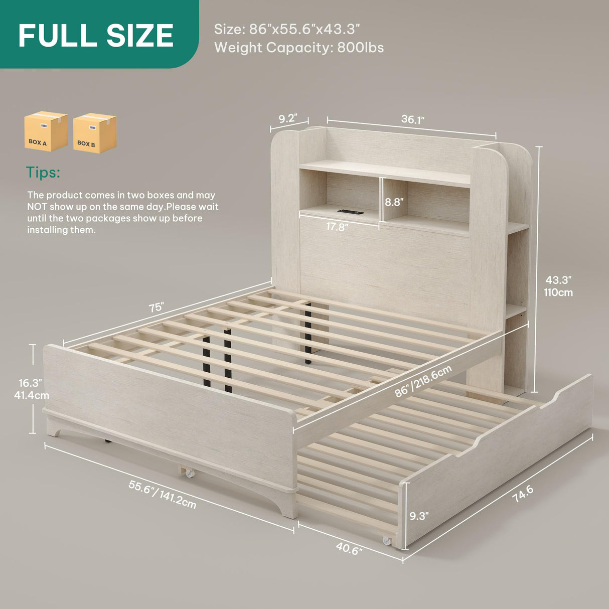 YITAHOME Beds with Trundle, Full Size Bed Frame with Bookcase Daybed Storage Headboard and Charging Station, RGB LED Lights Bed with Wooden Support for Bedroom, No Box Spring Needed, Noise Free, White YITAHOME