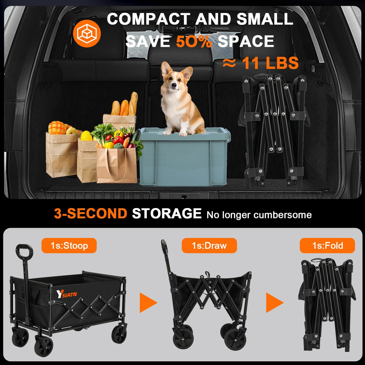 Collapsible Wagon Cart Foldable with 350lbs Weight Capacity, Lightweight Utility Shopping Cart with Wheels, Folding Grocery Wagon Cart Portable for Beach Garden Sports and Camping, Black YSIATN