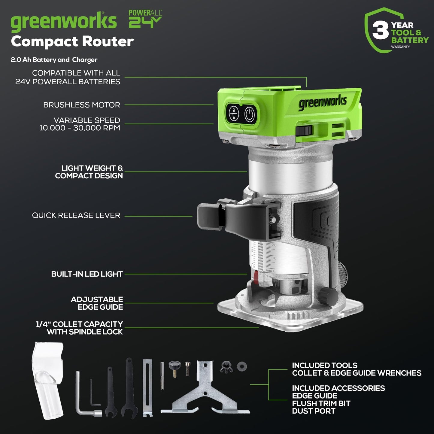 Greenworks 24V Cordless Trim Router, Variable Speed Brushless Motor Compact Palm Router with 2Ah Battery and Charger - WoodArtSupply