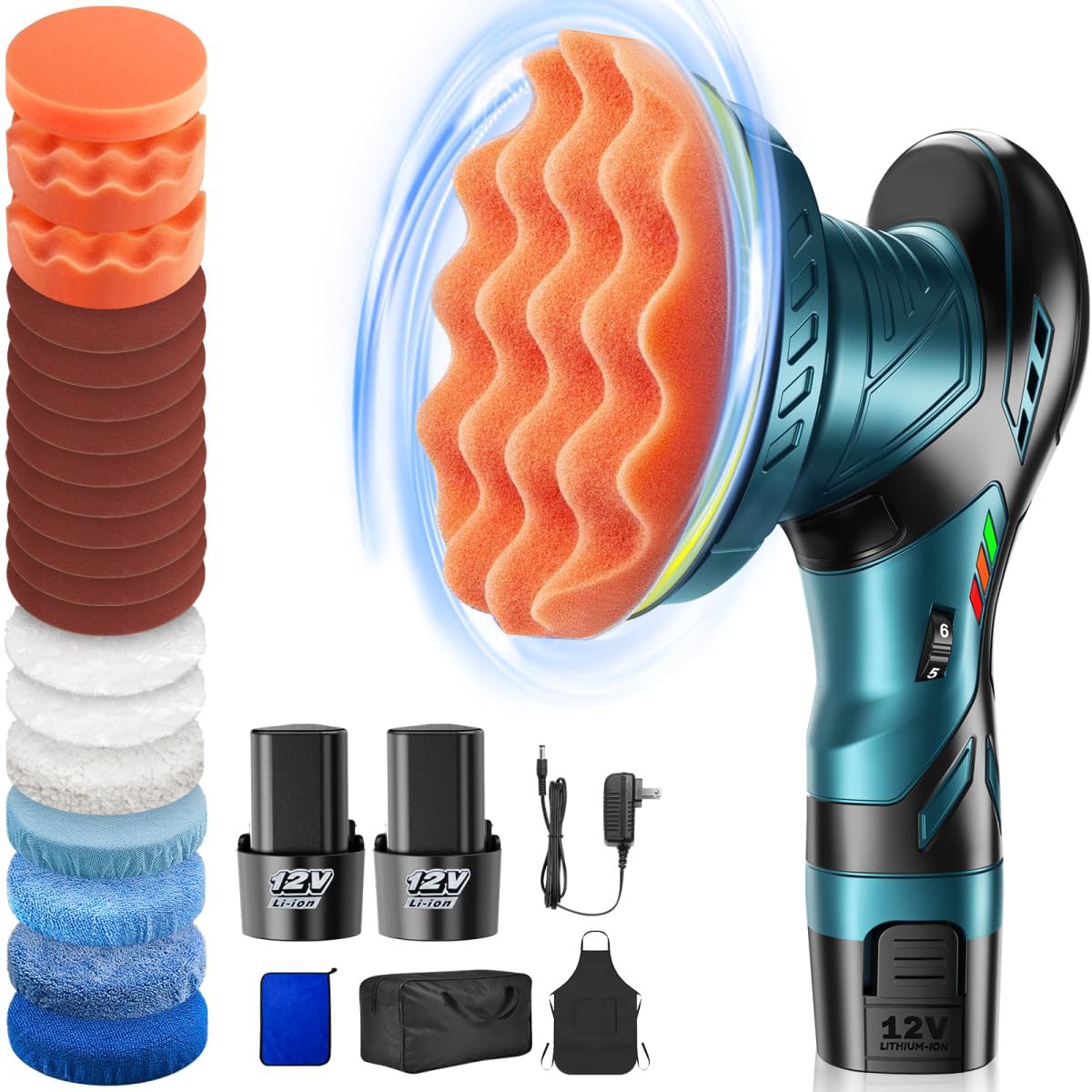 Cordless Car Buffer Polisher Kit - 6 Inch Dual Action Random Polishing Wax Machine for Car Detailing,2Pcs 2000mah Batteries,6 Variable Speed 2500-5000RPM,Orbital Polisher for Car Boat Polishing Waxing Orgpek