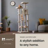 MWPO Large Modern Cat Tree, 70.1-Inch Wood Cat Tower for Indoor Cats, Multi-Level Tall Cat Condo with 2 Padded Perches, Hammock, Scratching Posts, Dangling Toys, Beige MWPO