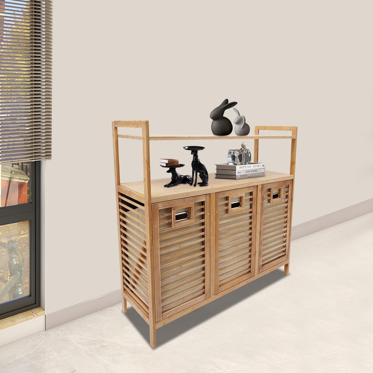 Tilt Out Laundry Hamper, Bamboo Laundry Cabinet for Laundry Room Bathroom Clothes Storage, Modern Bathroom Floor Cabinet Emmliy