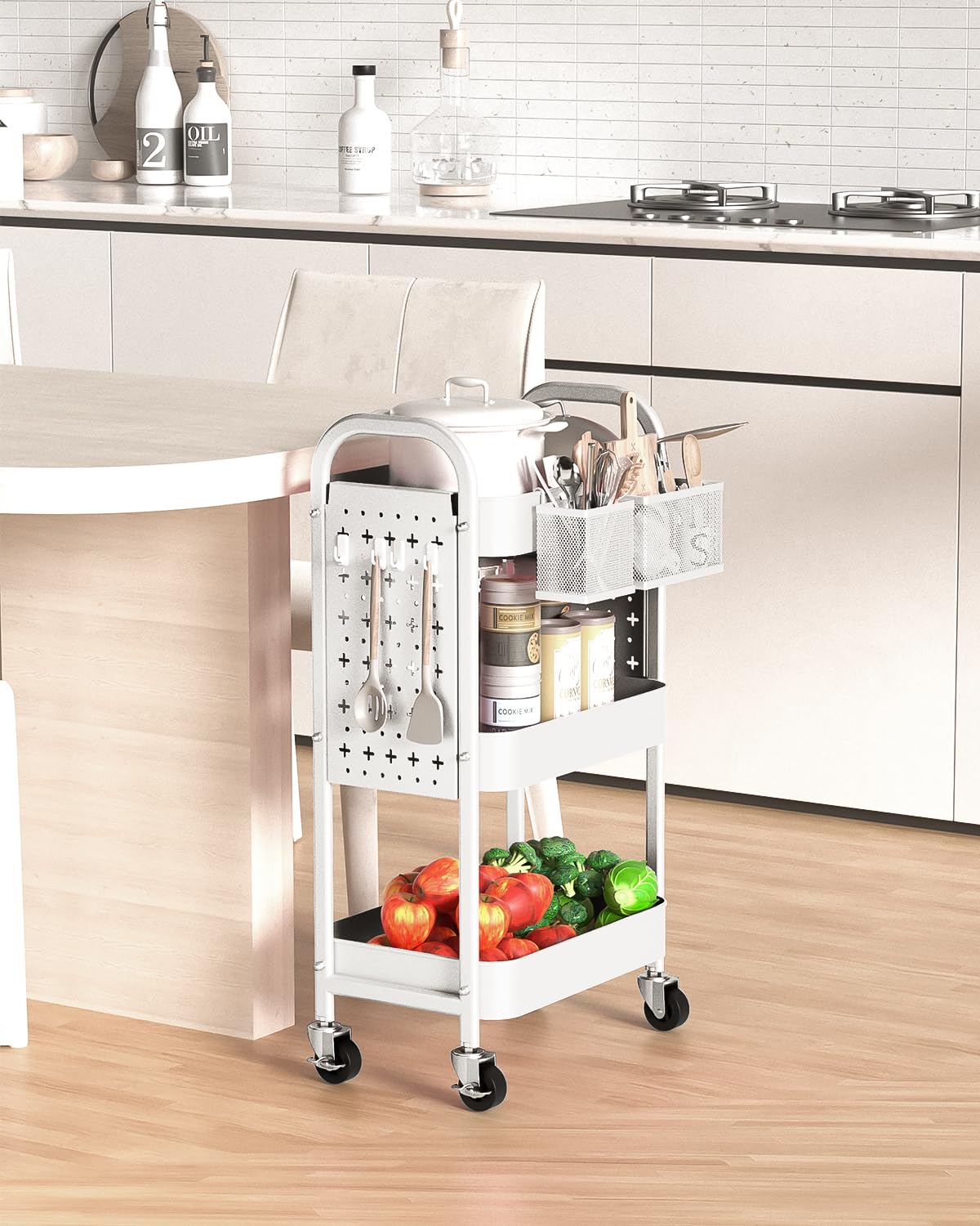 ALVOROG 3 Tier Rolling Cart with DIY Pegboards Metal Utility Cart with Wheels Handles Baskets Hooks, Storage Cart for Office Kitchen Bathroom(White) ALVOROG