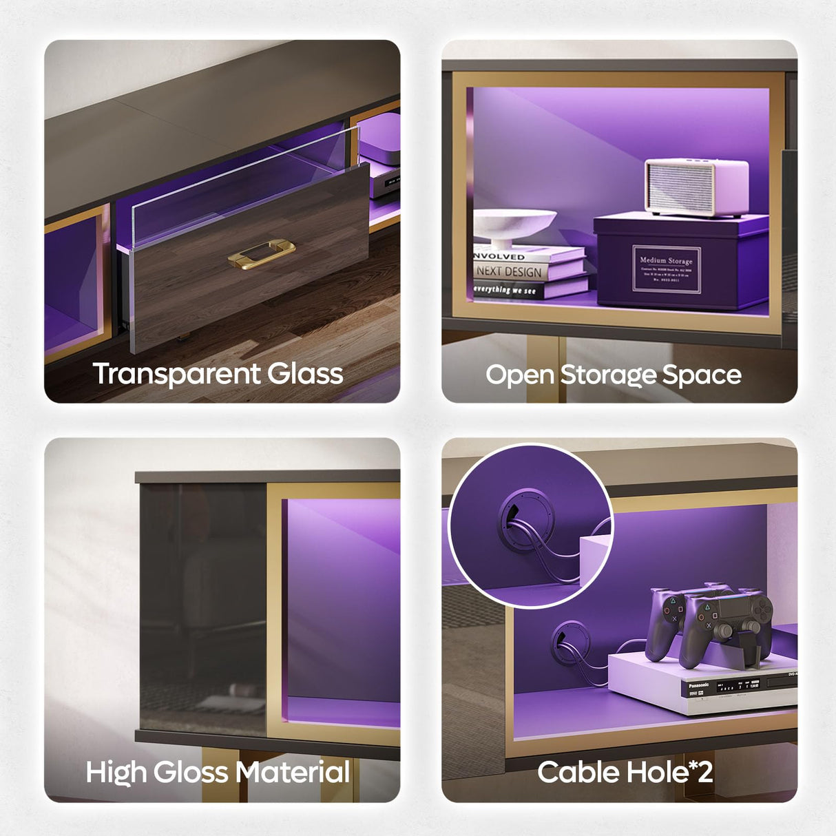 Bestier 70 Inch TV Stand with LED Lights for 75 Inch TV, Entertainment Center with Open Storage and Half-Glass Design Drawer, Modern High Gloss TV Console Table for Living Room, Black and Gold Bestier