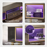 Bestier 70 Inch TV Stand with LED Lights for 75 Inch TV, Entertainment Center with Open Storage and Half-Glass Design Drawer, Modern High Gloss TV Console Table for Living Room, Black and Gold Bestier