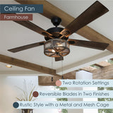 RIVER OF GOODS 52 Inch LED Modern Farmhouse Ceiling Fan with Light - Rustic Ceiling Fans with Lights - Elegant Industrial Fan with Mesh Metal Caged Shade - Brown RIVER OF GOODS