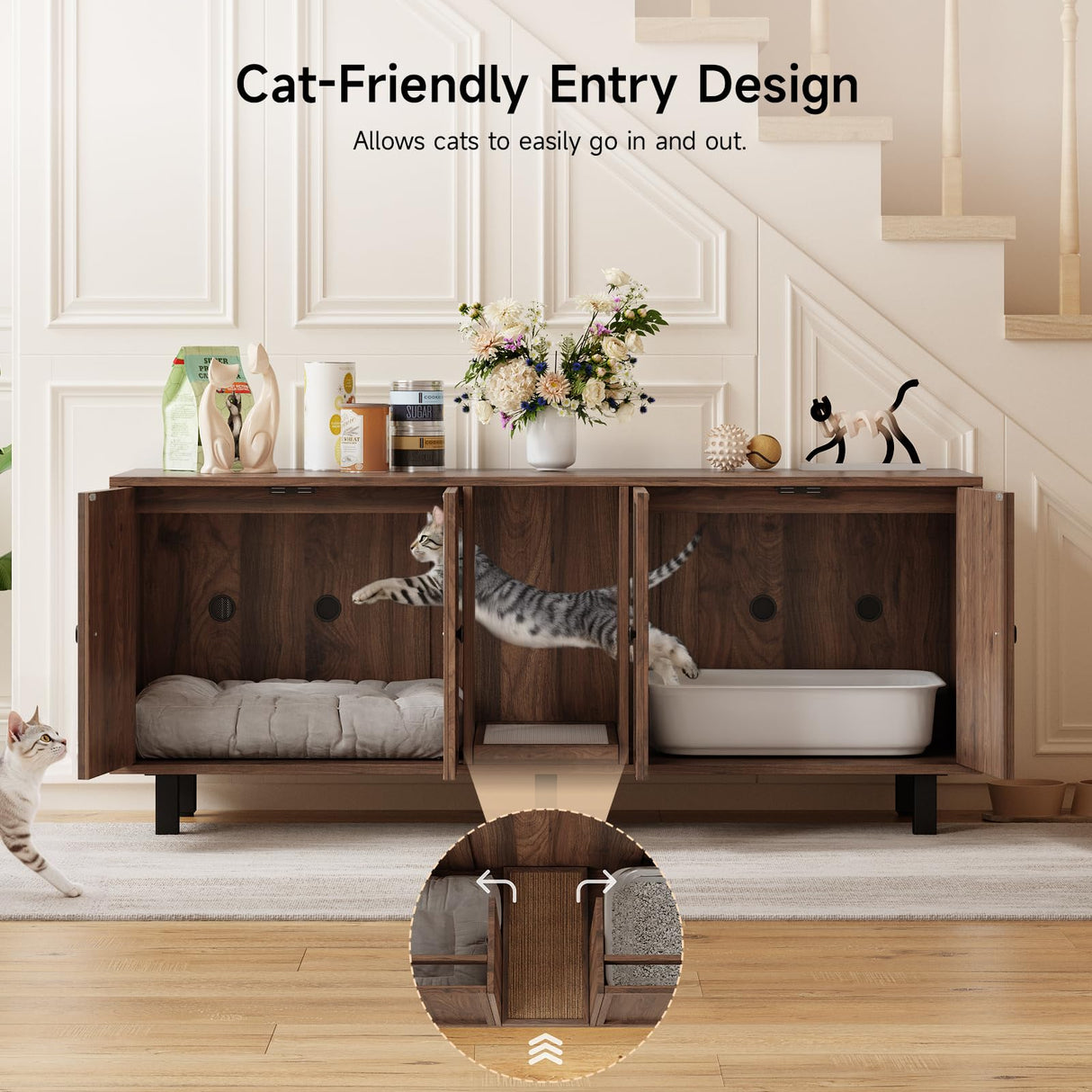 59 Inches Cat Litter Box Enclosure for 2 Cats, Hidden Litter Boxes Furniture with Cat Scratch Pad, Large Indoor Pet House with Double Room, Wooden TV Stand Side Table, Walnut ONBRILL