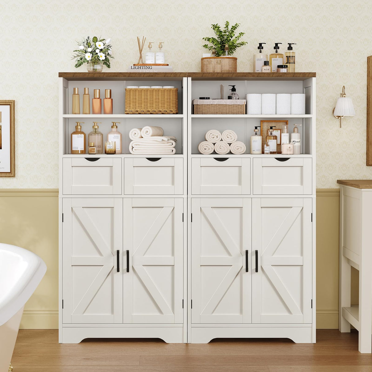 TEENFON Storage Cabinet with Doors & 2 Drawers, Kitchen Cabinet with Adjustable Shelf, Pantry Cabinets, Bathroom Cabinets, for Living Room, Entryway, Home Office, White TEENFON