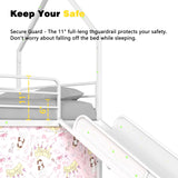 KEIKI Twin Loft Bed with Slide, House Style Bed Twin Size with Curtain, Guardrails, Pennant Banner Flag, Star Stickers, Storage Space, Metal Bed Frame for Teens Kids, White with Pink KEIKI