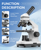 PalliPartners Compound Microscope for Adults & Kids - 100X-2000X High-Power Biological Microscope for Students, School Lab & Home Education, with Slides Set & Phone Adapter (White) PalliPartners