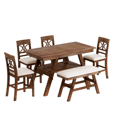 Kitchen Dining Table Set 6 Piece Wooden Counter Height Dining Table Set with Storage Shelf, Rectangular Dining Table with 4 Upholstered Chairs and 1 Bench, Rustic Style, Walnut with Beige Cushion Merax