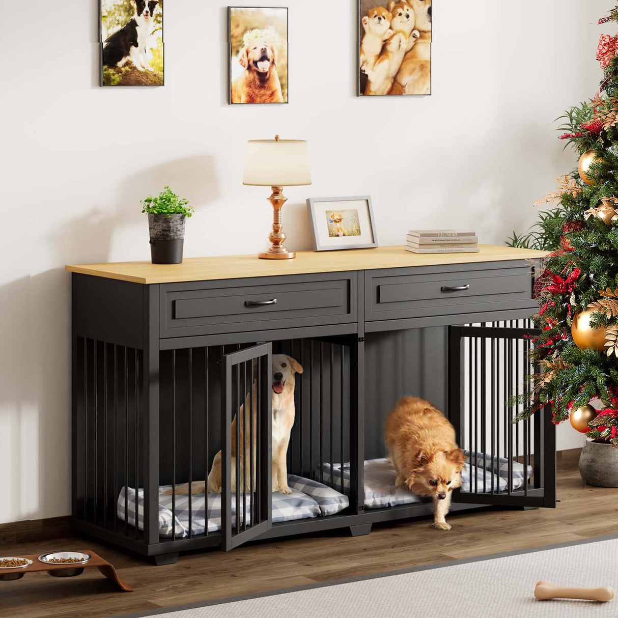 Lovinouse Furniture Style Dog Crate with Double Room, Wooden Dog Kennel with Double Doors and Removable Divider, Dog House Side End Table for Small Medium Large X-Large Dogs(Black + Wood) Lovinouse