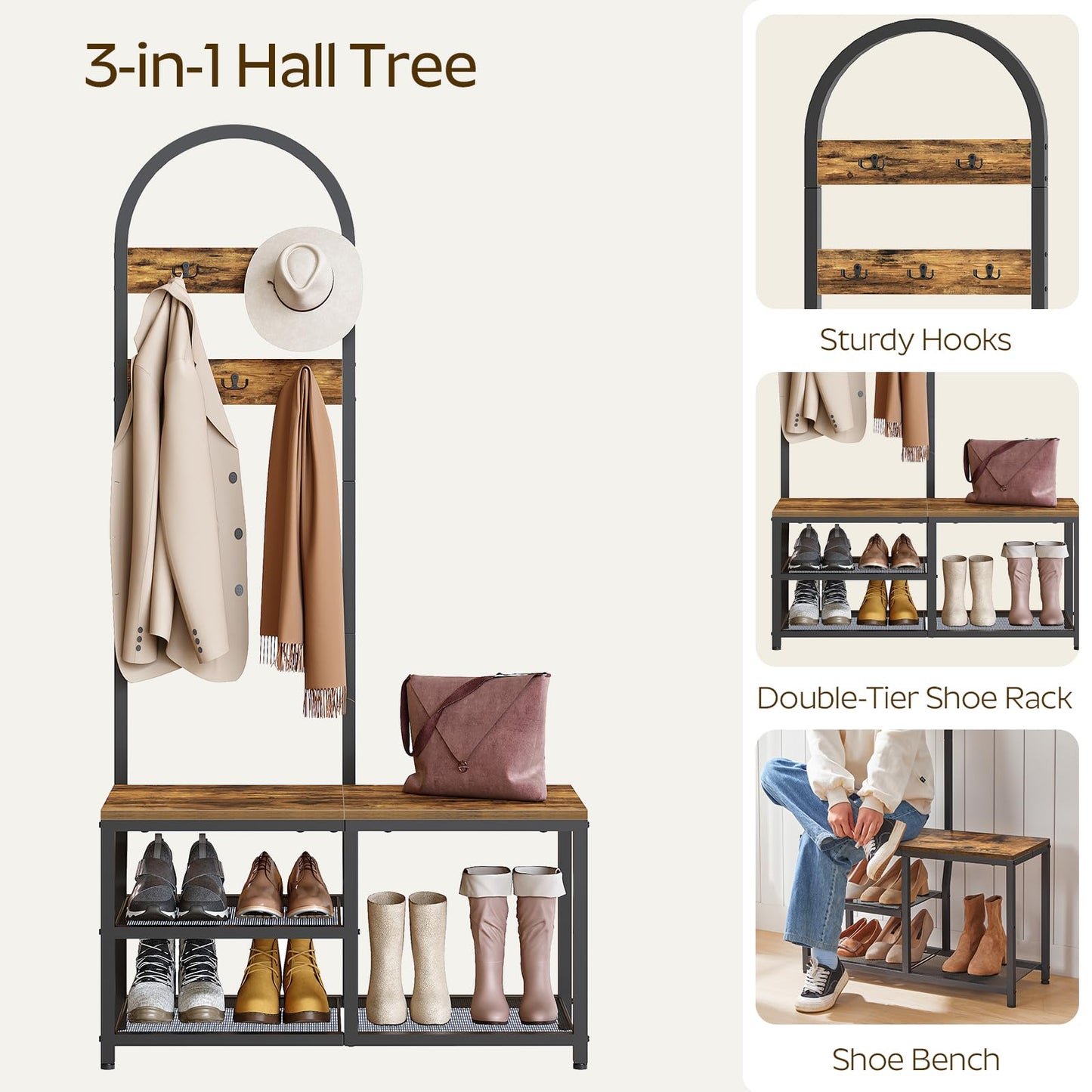 YATINEY Coat Rack, Hall Tree with Entryway Bench, 3-in-1 Hall Tree with Bench, Shoe Storage and Hooks, Entryway Bench with Coat Rack Stand, for Entrance, Hallway, Rustic Brown and Black MT04BR