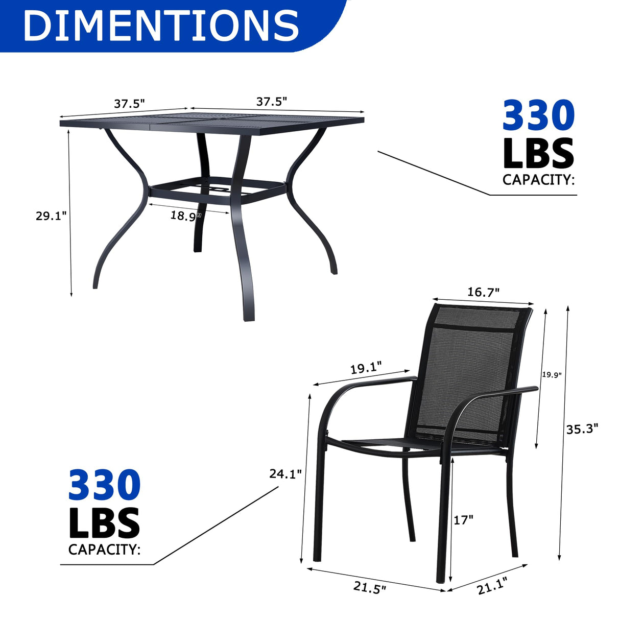 Seekverse 5-Piece Outdoor Dining Set, Square Metal Table with 4 Black Chairs, Black Patio Table with Umbrella Hole for Garden, Yard, Patio Seekverse