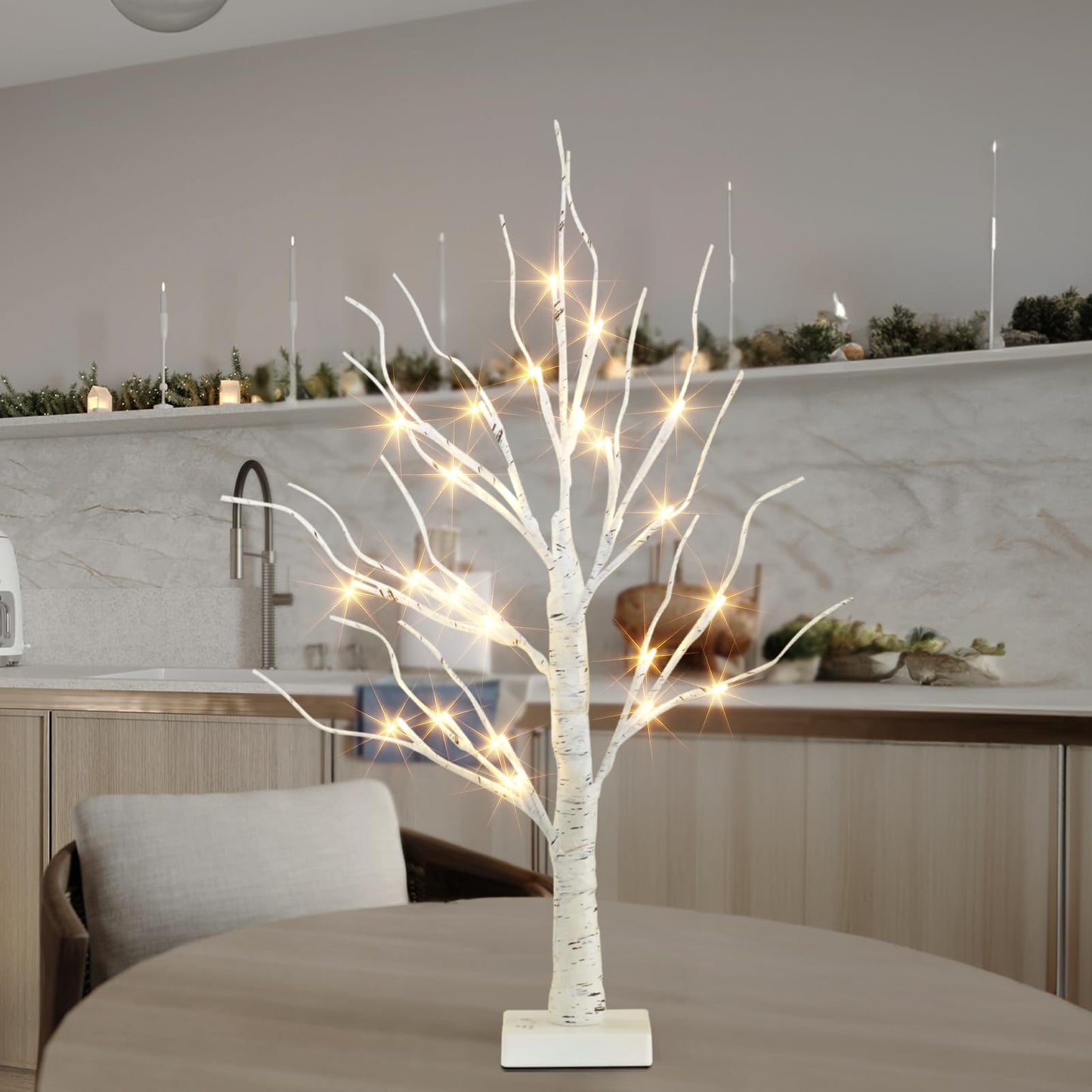 EAMBRITE Tabletop Birch Tree Christmas Decorations, White Birch Tree with Lights, 24 LED Lighted Mini Money Tree Twig Tree Battery Operated with Timer, Indoor Home Centerpiece Decor (2FT/Warm White)