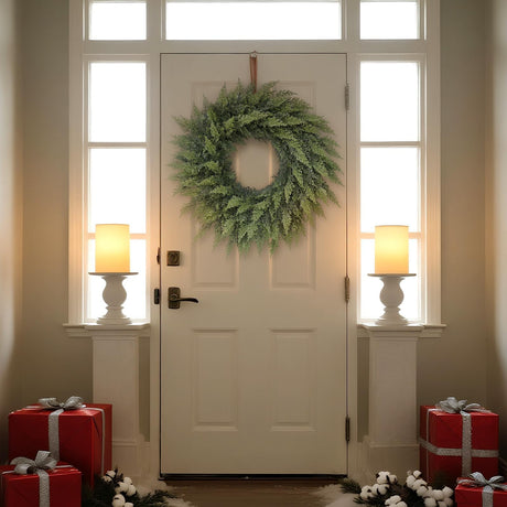 24" Real Touch Artificial Cedar Wreath - Faux Christmas Wreaths for Front Door,Faux Pine Green Wreath for Home, Holiday, Fireplace, Mantle,Wall, Windows, Xmas, Outdoor Decoration FOTEEWL