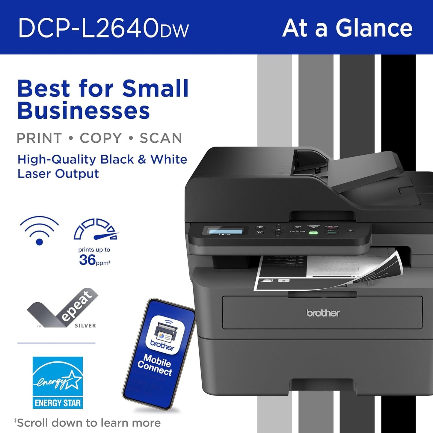 Brother DCP-L26 Series Wireless Monochrome 3-in-1 Laser Printer, 36 ppm in Black, 250 Sheets, Mobile Printing, Automatic Two-Sided Printing, Refresh Subscription Trial, Gray, with MTC Printer Cable