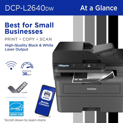 Brother DCP-L26 Series Wireless Monochrome 3-in-1 Laser Printer, 36 ppm in Black, 250 Sheets, Mobile Printing, Automatic Two-Sided Printing, Refresh Subscription Trial, Gray, with MTC Printer Cable