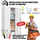 TaskStorz Steel SnapIt Cabinet, 72 Inch Metal Storage Cabinet with Locking Doors and Adjustable Shelves, Metal Garage Cabinet, Tool Cabinets for Office, Garage and Home Use, 72"H x 32"W x 18"D (White) TaskStorz