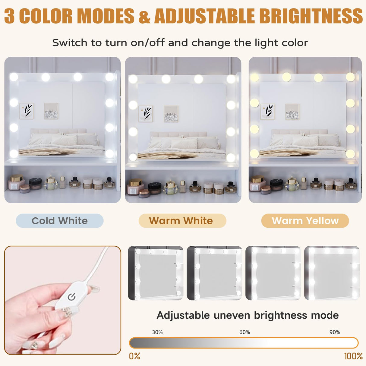 DINGIPP Makeup Vanity Desk with Lighted Mirror and Charging Station, Makeup Table with 4 Drawers & Storage Shelves, Vanity Desk 3 Color Modes Available, Bedroom Dressing Table for Women, girls (White) DINGIPP