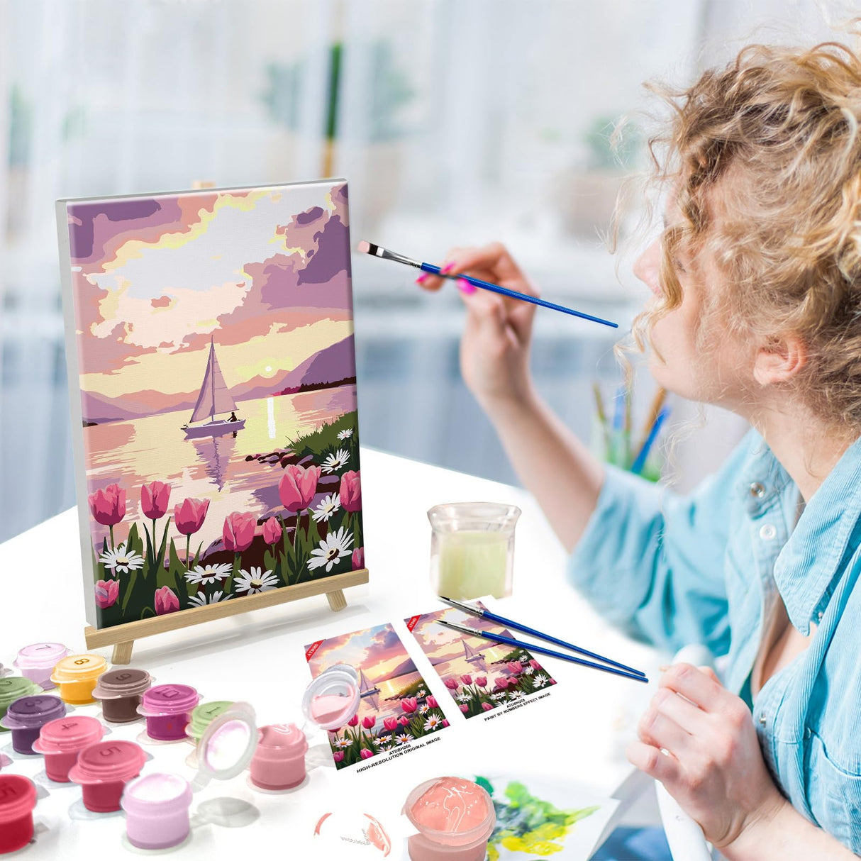 ATDMS Paint by Numbers Kit for Adults Flowers Paint by Number with Frame Sailboat Paint by Number with Easel Sunset Adults Paint by Number Kits Framed Canvas for Gift Home Wall Decor 8x12 Inch ATDMS