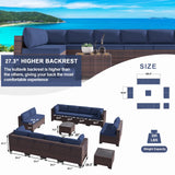 Kullavik 14 Pieces Outdoor Patio Furniture Set Outdoor Sectional Rattan Sofa Set Brown Manual Wicker Patio Conversation Set with Navy Blue Cushions,2 Tempered Glass Tea Table and Cushions Covers Kullavik