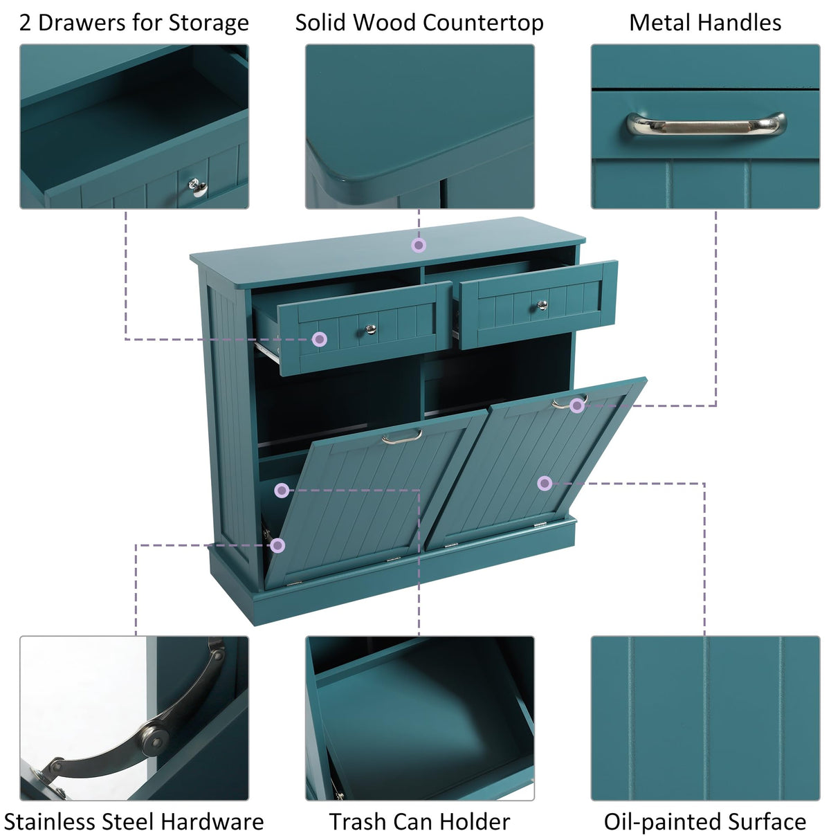 KIGOTY Double Tilt Out Trash Cabinet, Pet Proof Trash Can Cabinet with Countertop and Drawer, Trash Cabinet with Storage,Wooden Laundry Hamper for Kitchen, Teal Blue KIGOTY