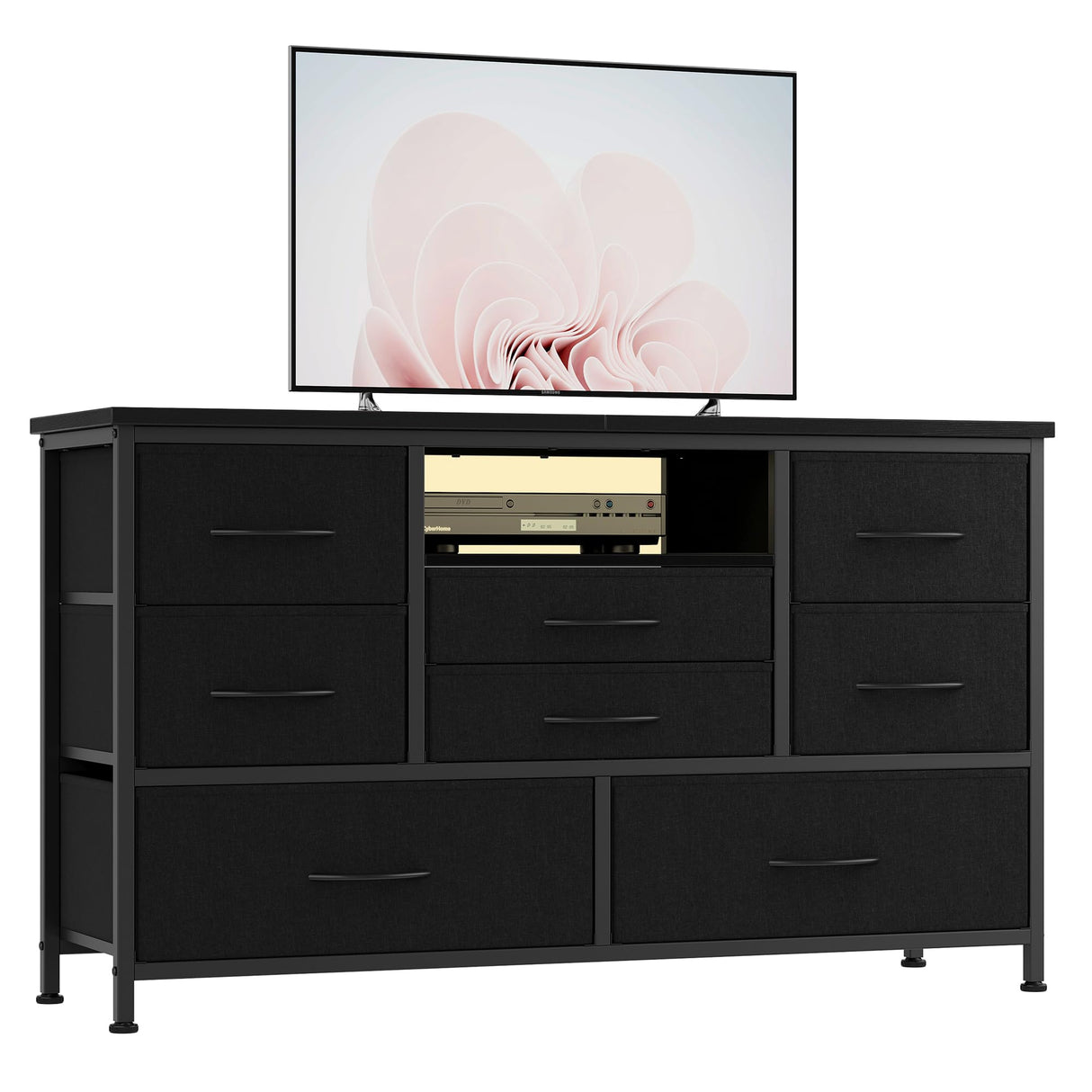 Dresser TV Stand with Power Outlet & LED Lights for 55'' TV，8 Drawers Entertainment Center, Fabric Chest of Drawers with Wood Top, TV Stands for Bedroom, Living Room, Black SunnyFurn